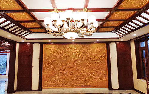 大连中式别墅客厅中式木作横梁吊顶装饰展示
